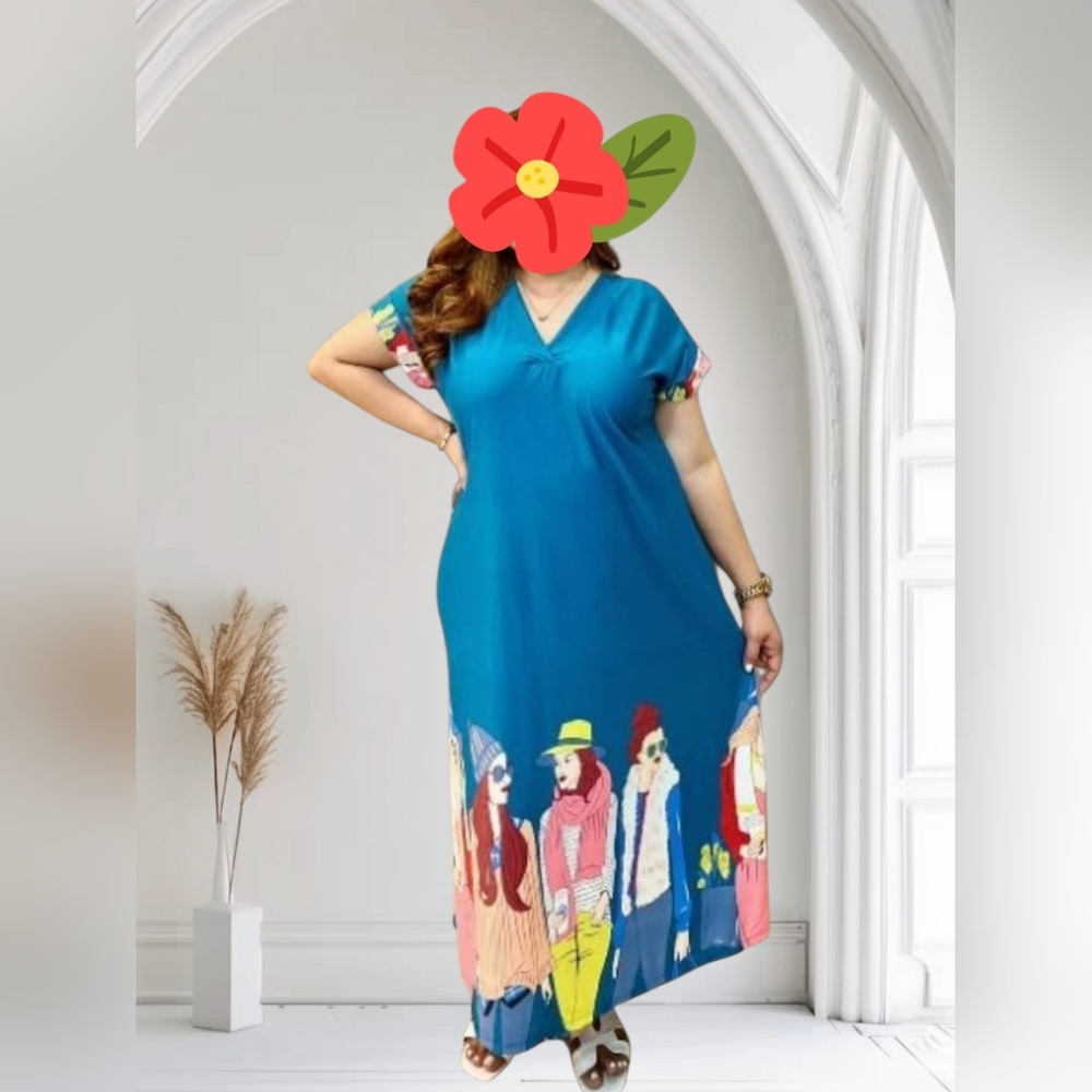 BNWoT Navy Blue maxi Dress with fun prints
